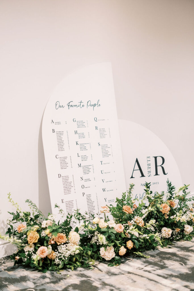 PLANNING COLLECTIONS. wedding seating chart. black and white wedding seating chart accented with pink, yellow, and white flowers with greenery. escort display