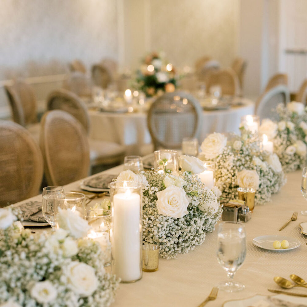 PLANNING COLLECTIONS. wedding centerpiece with babies breath and white roses in hotel ballroom venue/ reception space