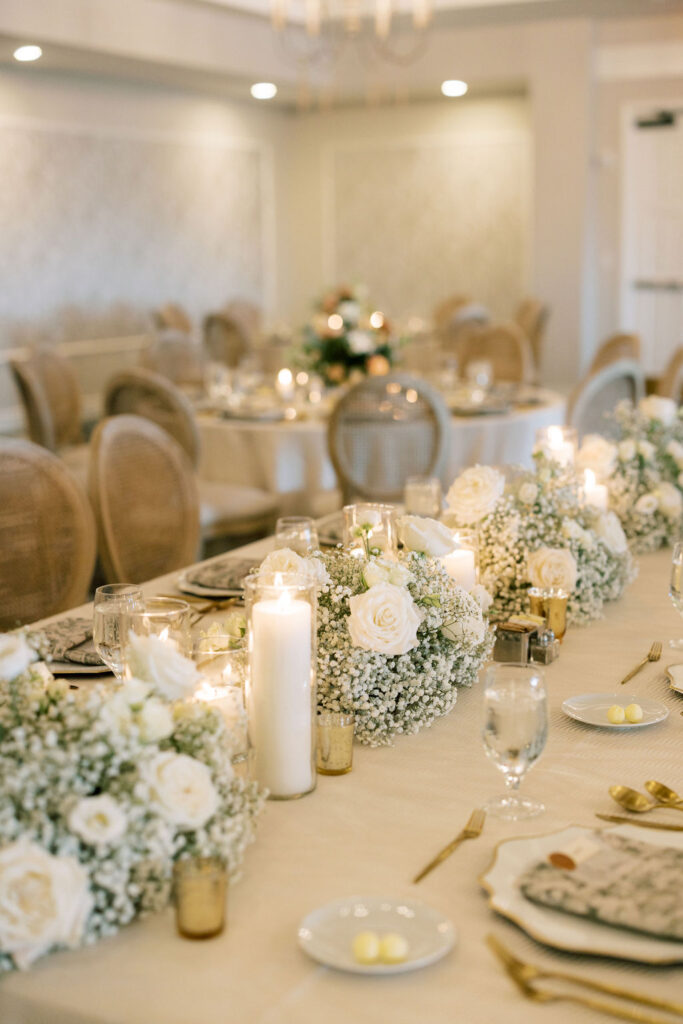 PLANNING COLLECTIONS. wedding centerpiece with babies breath and white roses in hotel ballroom venue/ reception space